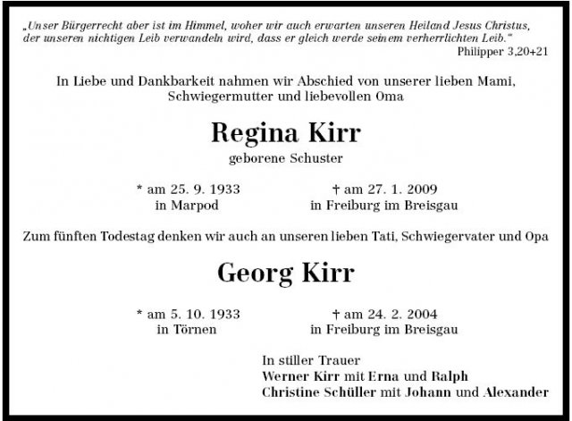 Kirr Georg 1933-2004 Schuster Regina 1933-2009 Todesanzeige